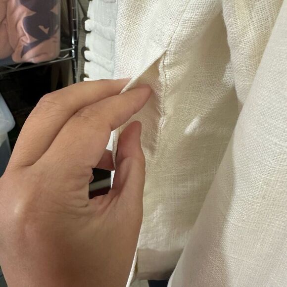 Peacock Ways Cream Black Trim Linen Mandarin Collar Open Blazer Coin sz L VTG - Picture 6 of 10